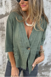 Linen Blend Solid Color Loose V-neck Button-down Casual Top