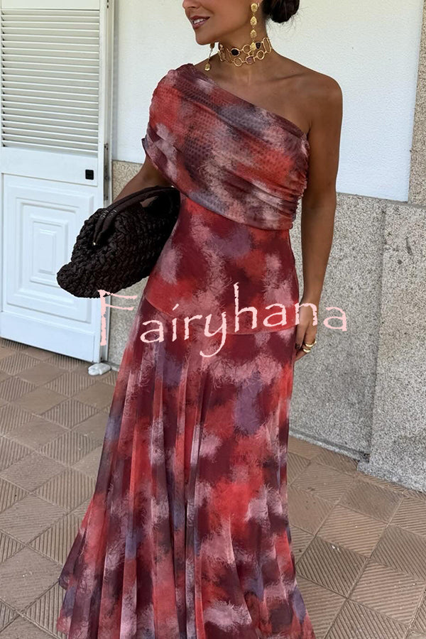 Unique Printed Off-the-shoulder Waisted Holiday Maxi Dress