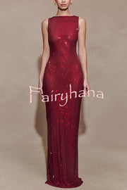 Holiday Nights Sequin Boat Neck Sleeveless Slit Maxi Dress