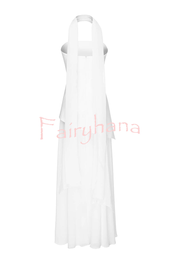 Monaco Off Shoulder Structured Top Chiffon Slit Hem Scarf Maxi Dress