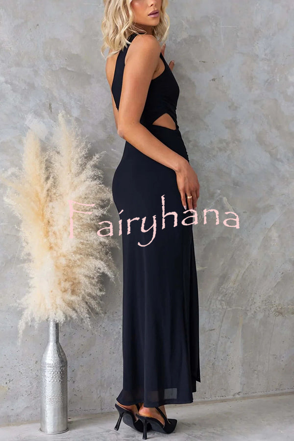 Solid Color Elegant Mesh One Shoulder Sexy Waist Hollow Out Maxi Dress