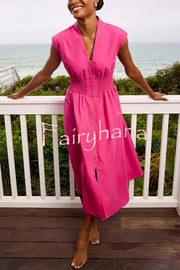 Workdays or Weekends Front Zipper Smocked Waist Pocket Loose Midi Dress