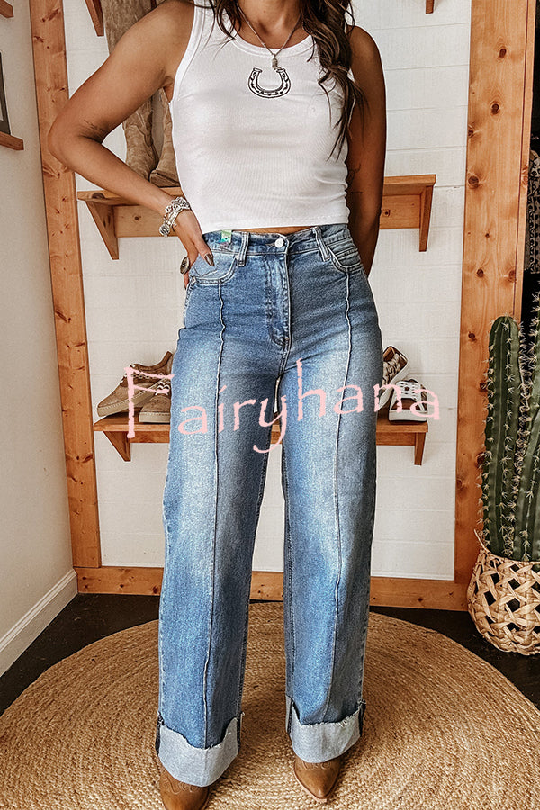 Fashion High Waist Pocket Casual Straight Jeans