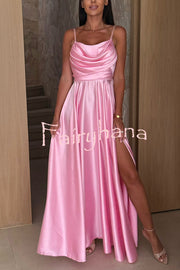 Solid Color Suspender Back Pleated Elegant Slit Full Hem Maxi Dress