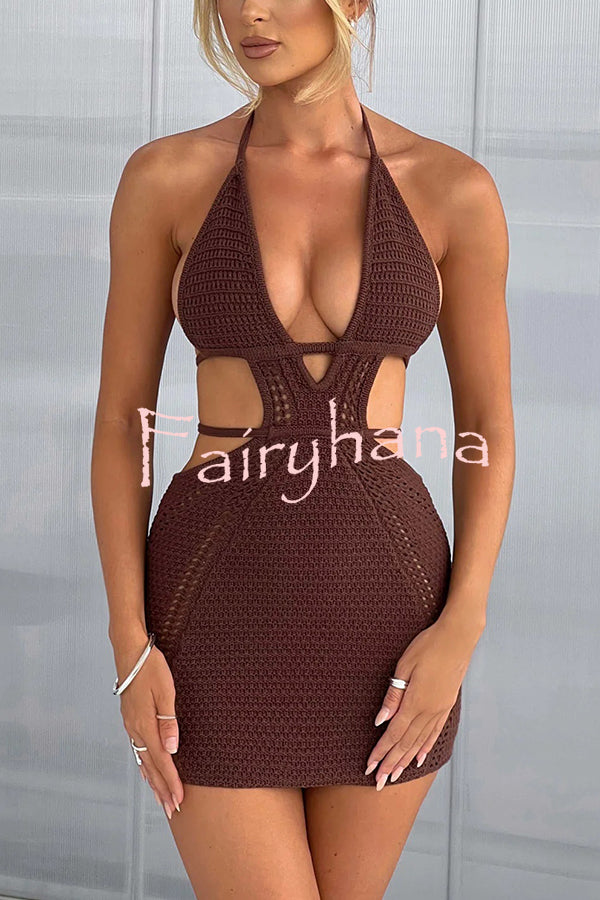 Effortlessly Cool and Sexy Knit Crochet Cutout Halter Tie-up Stretch Mini Dress