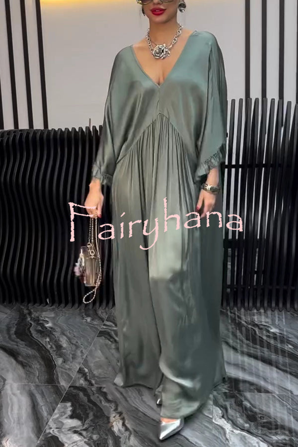 Satin Solid Color V-neck Lotus Leaf Sleeve Loose Pleated Maxi Dress