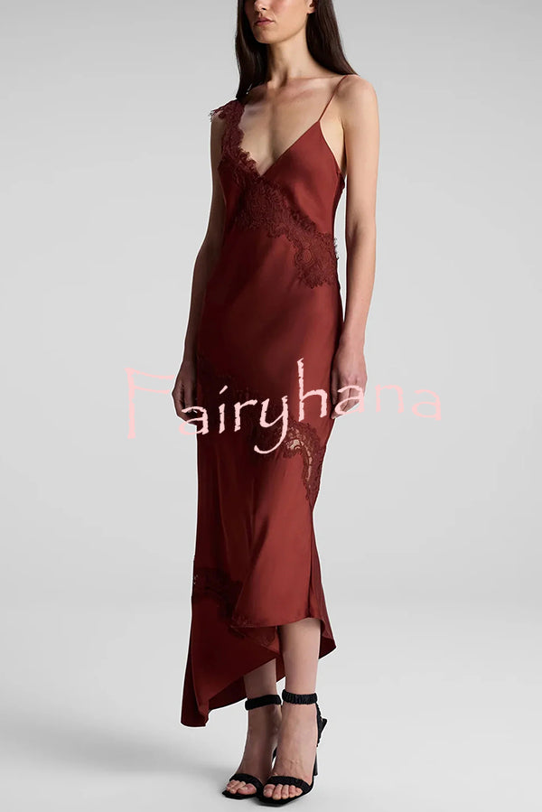 Sexy Lace Stitching Suspender V-neck Asymmetrical Maxi Dress