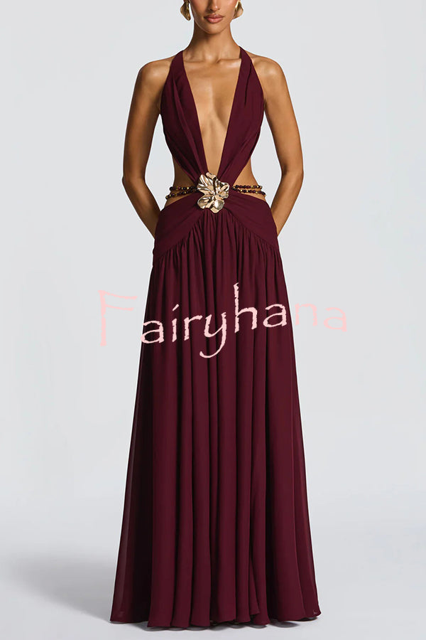 Kinara Leopard Print Deep V-neck Metal Flower Hollow Beads Detail Slit Maxi Dress