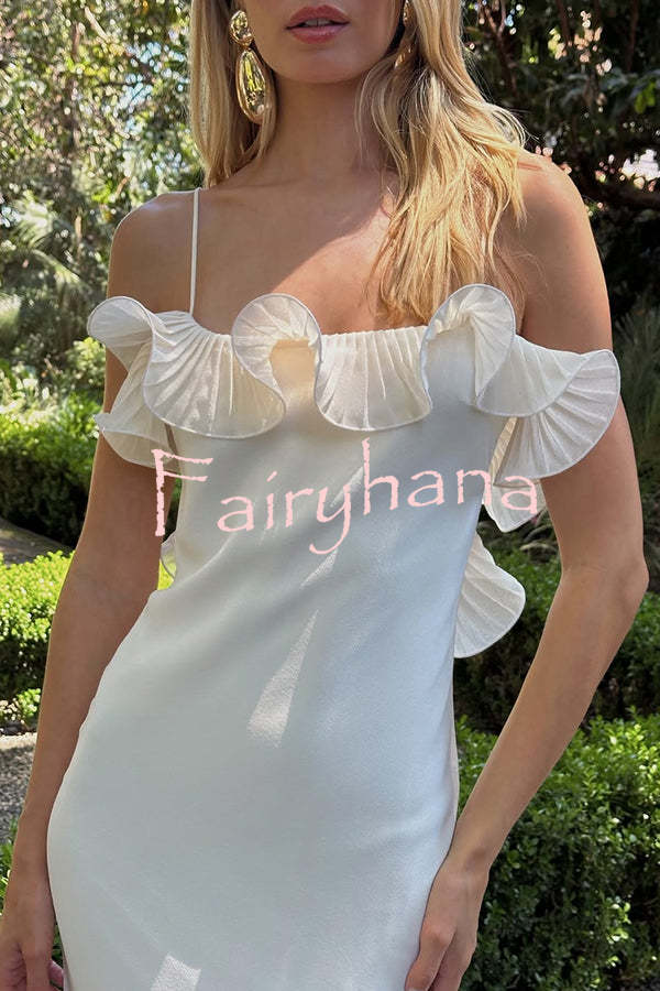 Alisin Pleated Chiffon Wavy Ruffles Trim Slip Maxi Dress