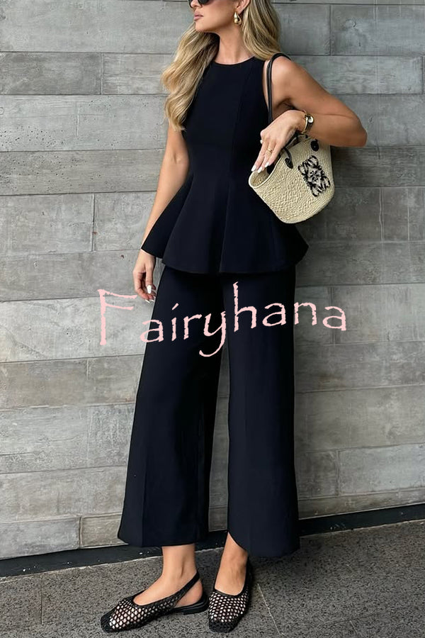 Solid Color Round Neck Sleeveless Casual Top and Loose Straight Pants Set