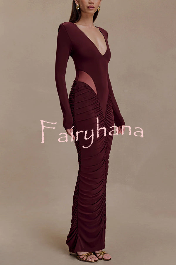 Sexy See-through Long-sleeved V-neck Pleated Slim-fit Maxi Dress