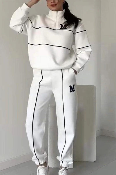 Fashionable Letter Striped Long-sleeved Sweatshirt and Elastic Waist Casual Pocket Pants Set
