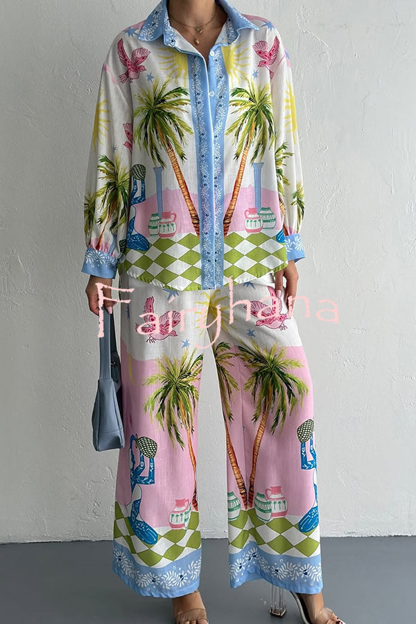 Holiday Style Print Loose Long Sleeve Shirt and Elastic Waist Loose Pocket Wide Leg Pants Set