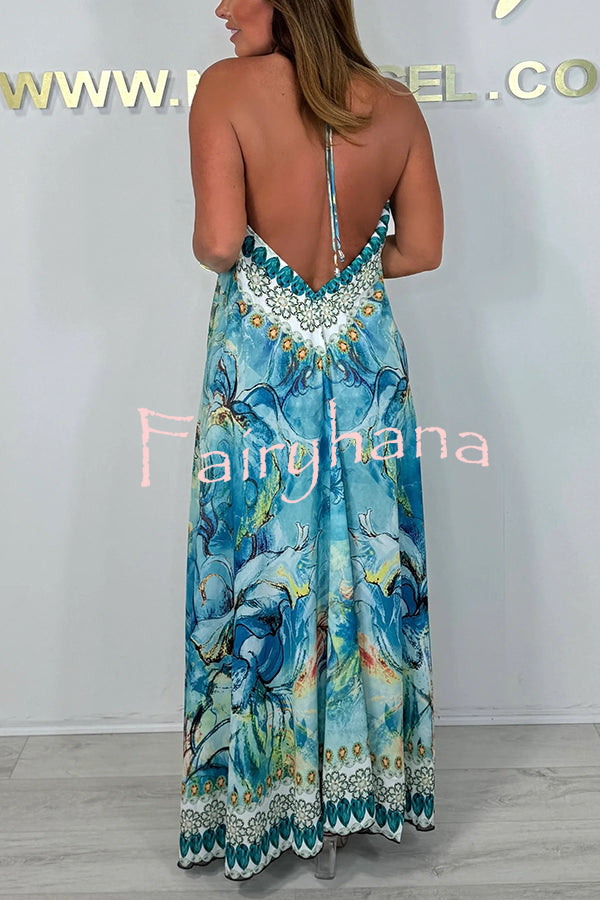 Unique Print V-neck Open Back Loose Maxi Dress