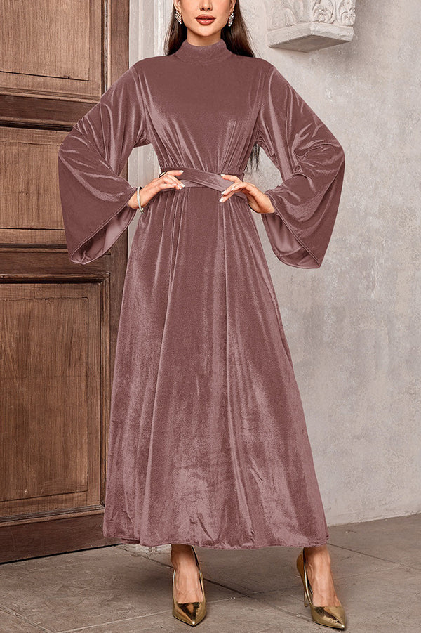 Solid Color Velvet Bell Sleeves Tie Waist Elegant Maxi Dress
