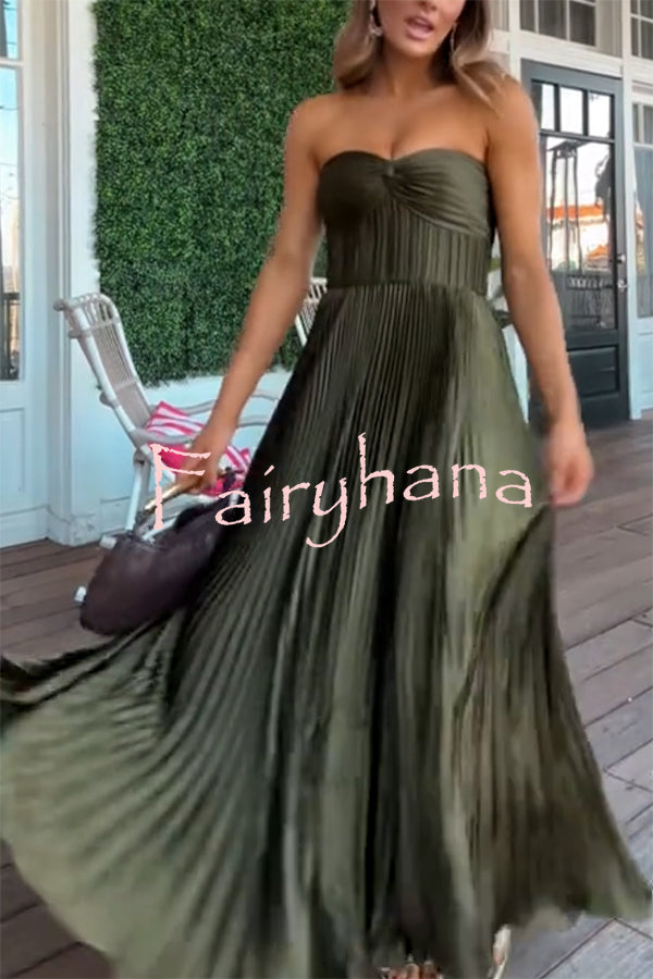 Love Note Satin Sweetheart Twist Off Shoulder Pleated Maxi Dress