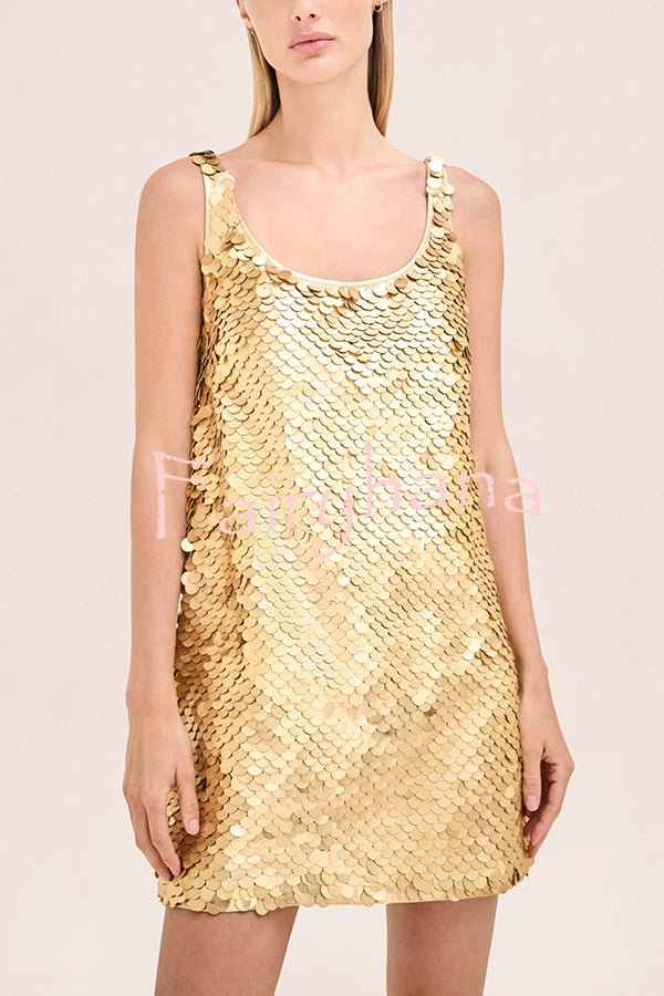 Golden Charm Impact Large Sequins Scoop Neck Tank A-line Mini Dress