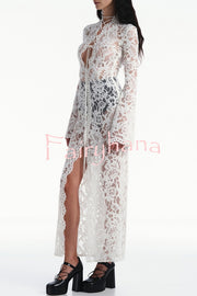 Garcelle Floral Lace Lace-up Long Bell Sleeve Slit Midi Dress