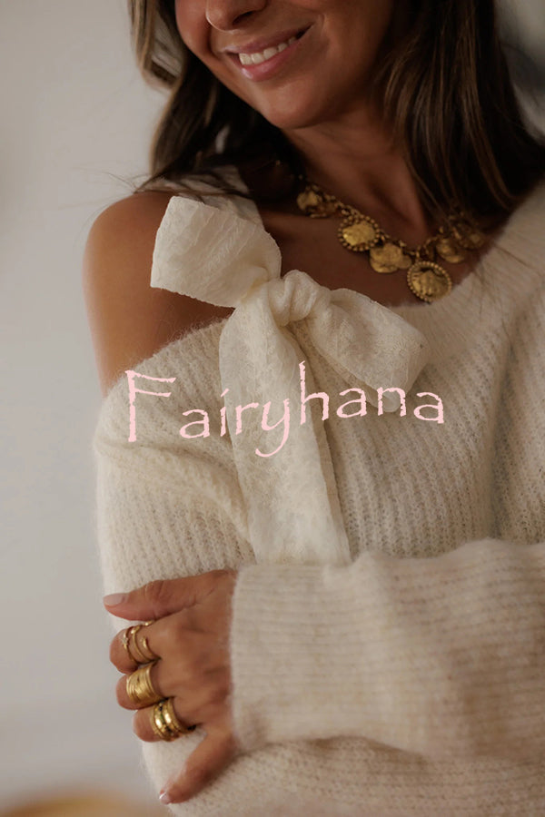 Solid Color Bow Tie Long-sleeved Casual Knit Sweater