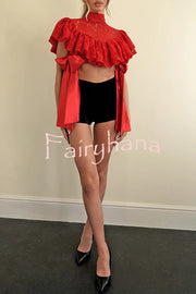 Clarissa Lace High Neck Side Tie-up Cascading Ruffles Cropped Cape Top