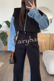 Sports Fashion Denim Patchwork Sweatshirt Fabric Zipper Long Sleeve Loose Jacket