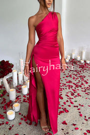 Fits Your Curves Satin One Shoulder Drape Slit Maxi Dress