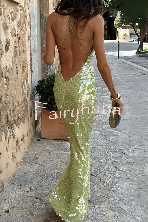 Fashionable Sequined Sexy Open Back Slim Maxi Dress