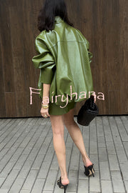 Solid Color Loose Long Sleeve Pocket Casual Leather Jacket