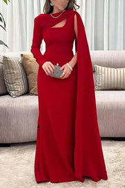 Solid Color Elegant Single Long Sleeve Ribbon Slim Maxi Dress