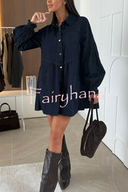 Fashion Heart Button Long Sleeve Casual Pocket Denim Mini Dress
