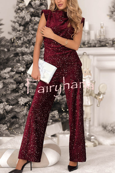Stylish Sparkly Velvet Sequin Sleeveless Pleated Top and Casual Wide-leg Pants Set