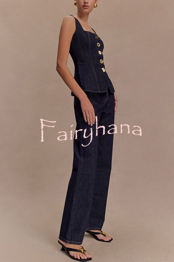 Stassi Denim High Waist Pocketed Straight Leg Jeans