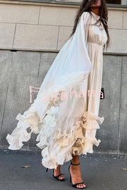 Fashionable V-neck Lace-up Ruffled Double-layer Hem Maxi Dress