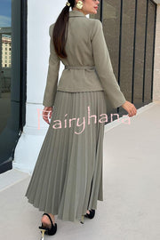 Solid Color Lapel Button Belt Blazer and Pleated Casual Maxi Skirt Set