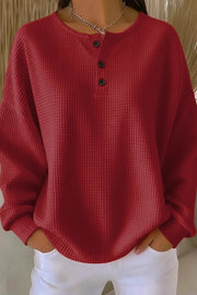 Fashionable Waffle Round Neck Long Sleeve Loose Top