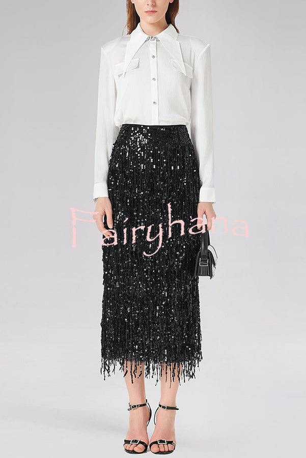 Evening Charm Layered Sequined Tassels High Rise Back Zipper Slit Midi Skirt