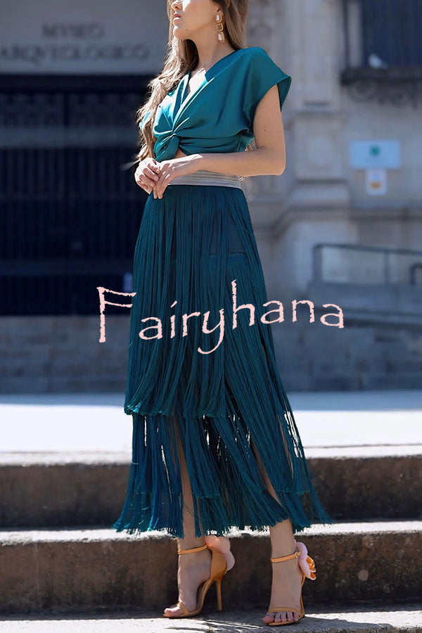 Elegant Tassel Hem Elastic Waist Casual Maxi Skirt