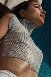 Sexy High-neck Rhinestone Metallic Top