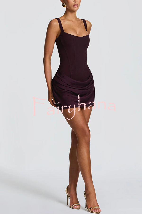 Cornelia Square Neck Back Lace-up Satin Drape Hem Mini Dress