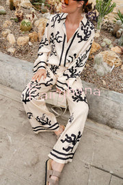 Light and Comfortable Satin Unique Print Elastic Waist Pocketed Wide Leg Pants