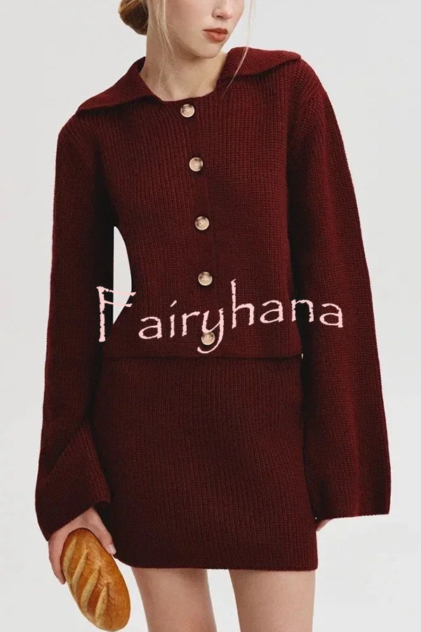 Fashion Lapel Bell Sleeve Knitted Cardigan and Casual Mini Skirt Set