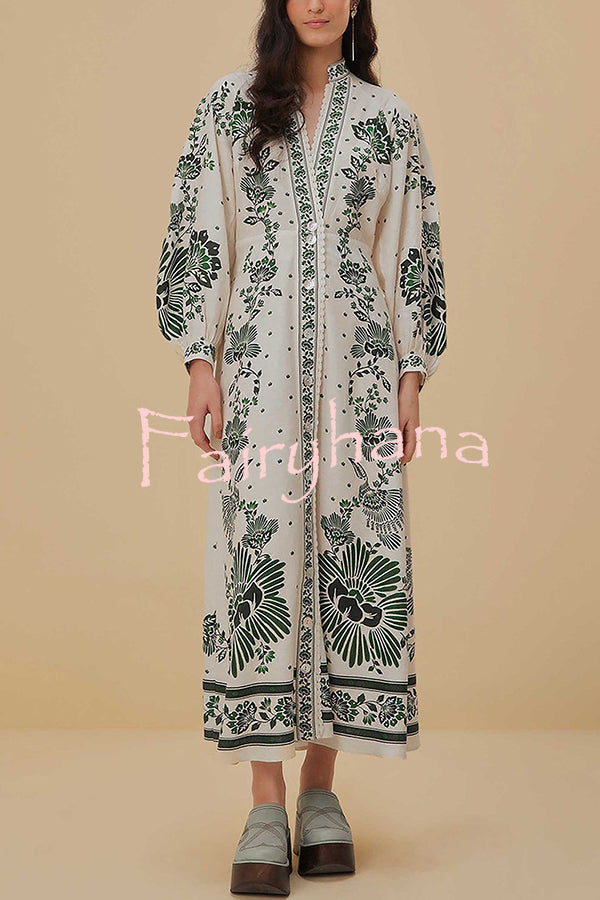 Forest Soul Unique Print Button Down Long Sleeve Shirt Maxi Dress