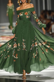 Floral Print Elegant Off-shoulder Fitted Waist Maxi Dress