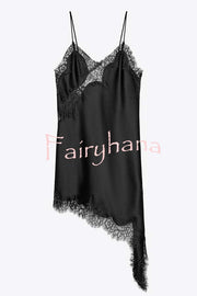 Elouise Satin Lace Trim V-neck Asymmetrical Hem Slip Mini Dress