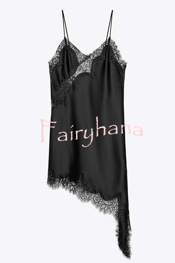 Elouise Satin Lace Trim V-neck Asymmetrical Hem Slip Mini Dress