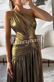 Shine Bright Metallic Fabric One Shoulder Cutout Back Lace-up Slit Maxi Dress