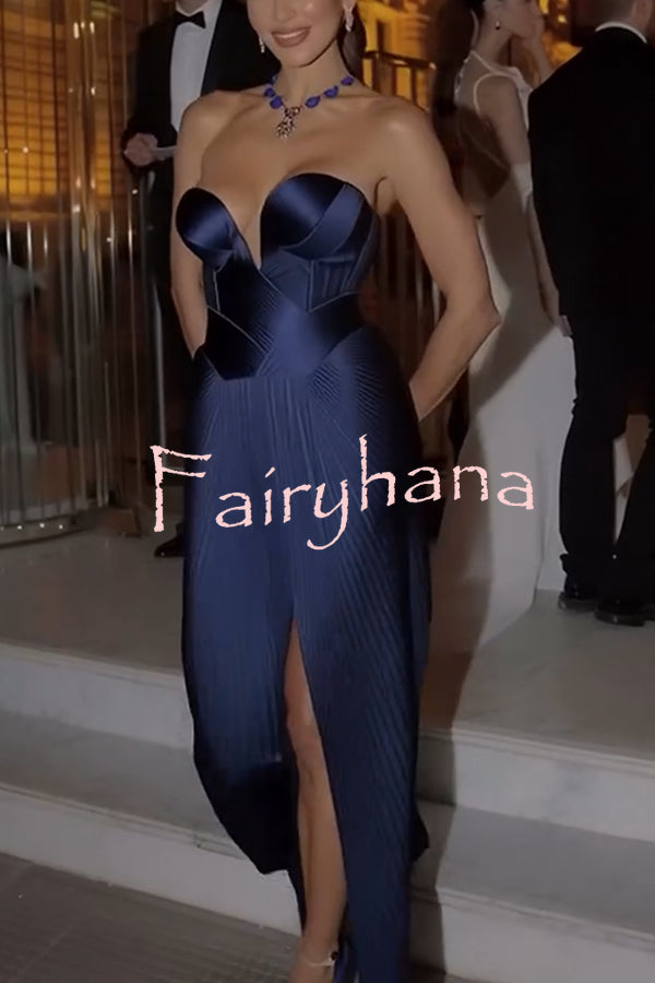 Stunning The Audience Plissé Satin Off Shoulder Drape Slit Gown Maxi Dress