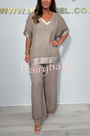 Fashionable V-neck Short-sleeved Loose Top and Elastic Waist Casual Wide-leg Pants Set