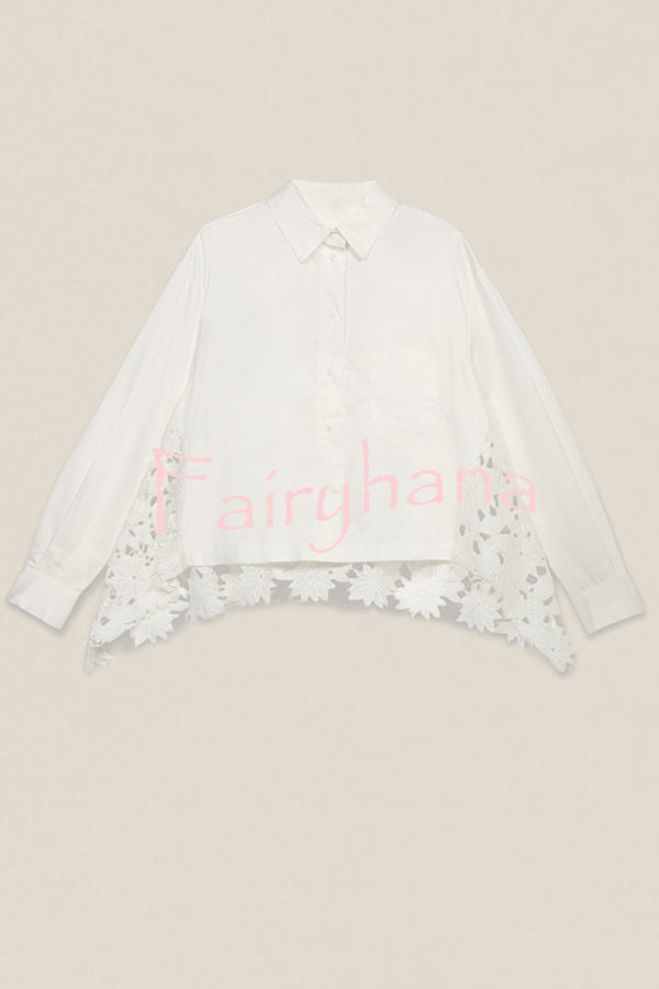 Daisy Long Sleeve Back Crochet Floral Lace A-line Blouse