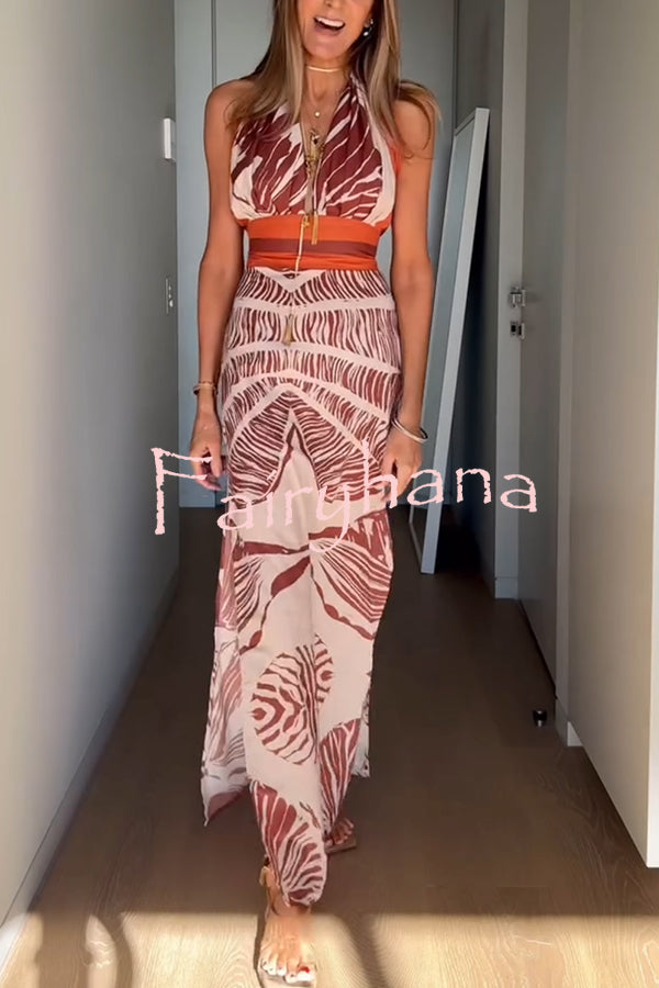 Vacay Bound Linen Blend Unique Botanical Print Halter Maxi Dress
